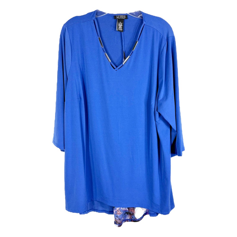 Catherines‎ Plus Size 1X Top 18W 20W Blue V Neck Embellished Split Back 1599